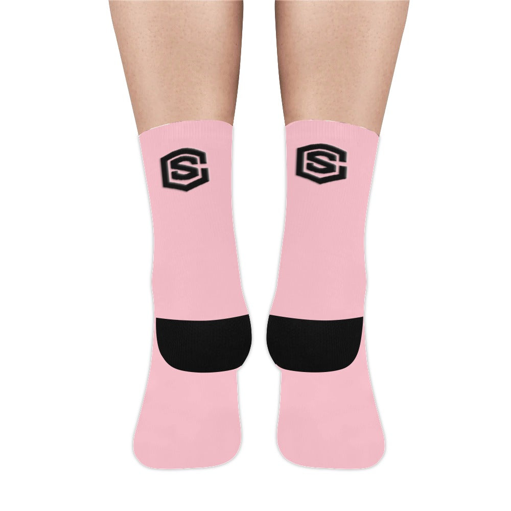 Pink Sublimated Crew Socks (Made In USA) with Black Logo Sublimated Crew Socks (Made In USA)