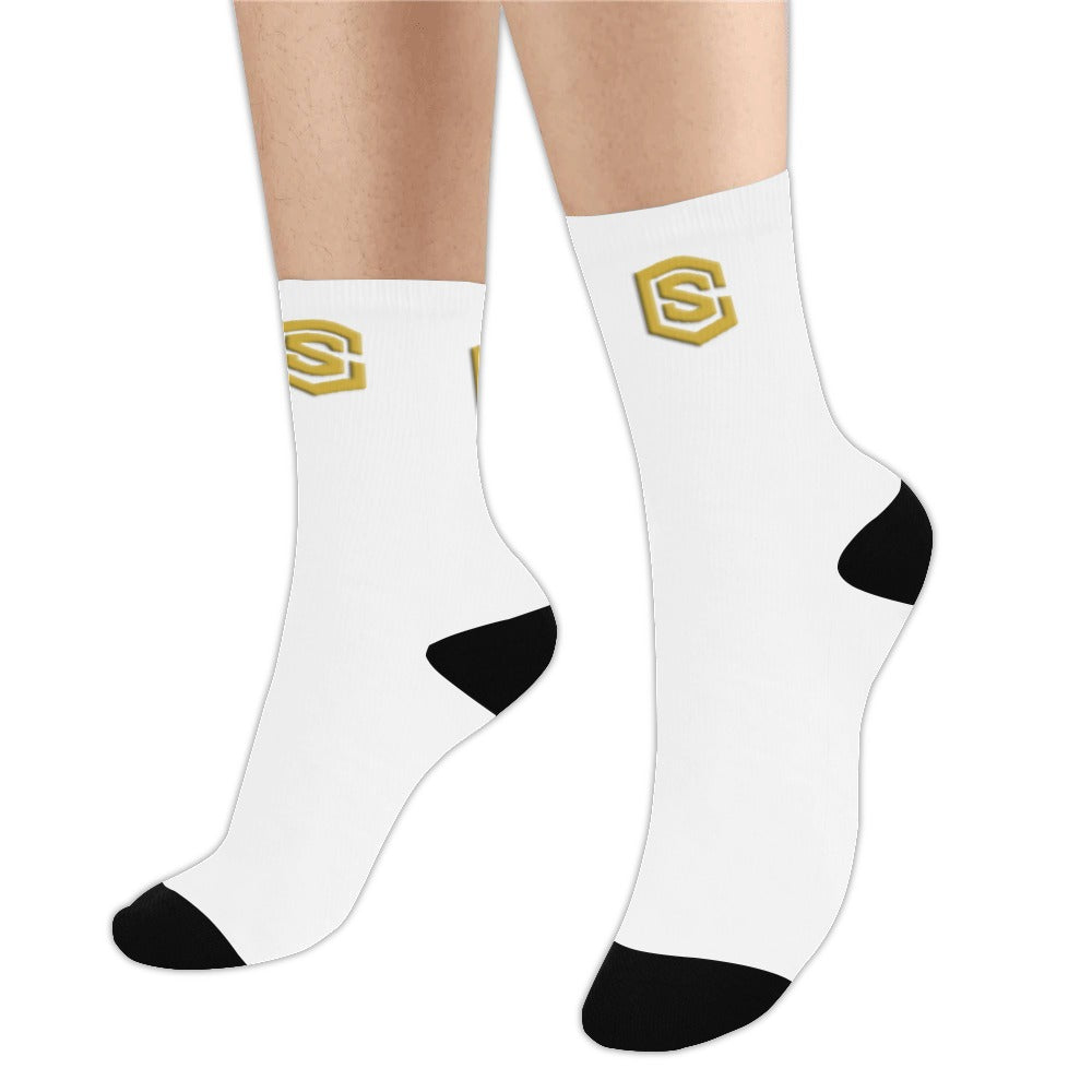 White Sublimated Crew Socks (Made In USA) with Gold Logo Sublimated Crew Socks (Made In USA)