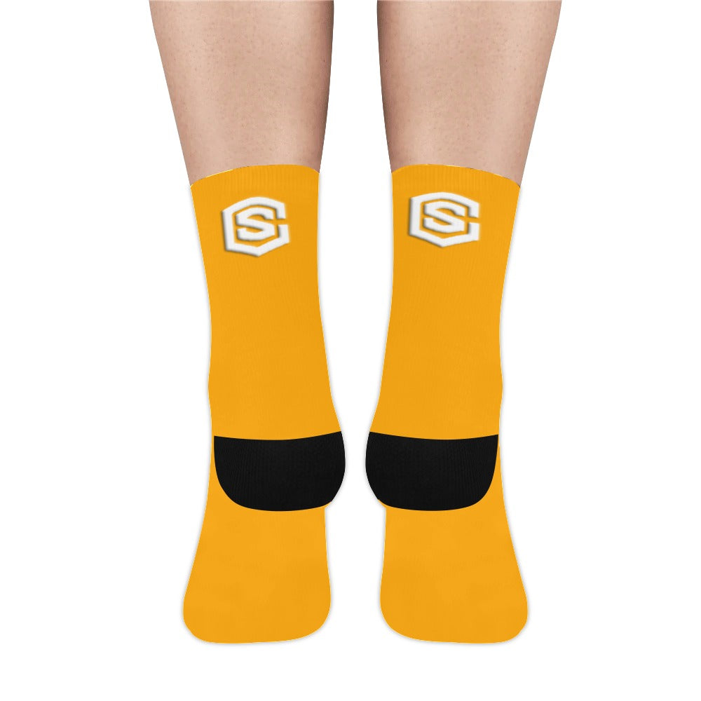 Orange Sublimated Crew Socks (Made In USA) with White Logo Sublimated Crew Socks (Made In USA)