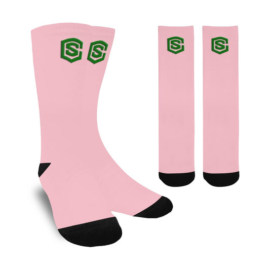 Pink Sublimated Crew Socks (Made In USA) with Green Logo Sublimated Crew Socks (Made In USA)