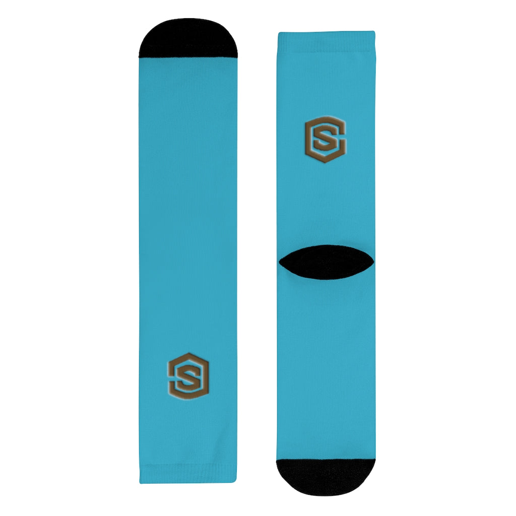 Blue Sublimation Crew Socks (EU) Brown Logo