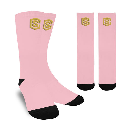 Pink Sublimated Crew Socks (Made In USA) with Gold Logo Sublimated Crew Socks (Made In USA)