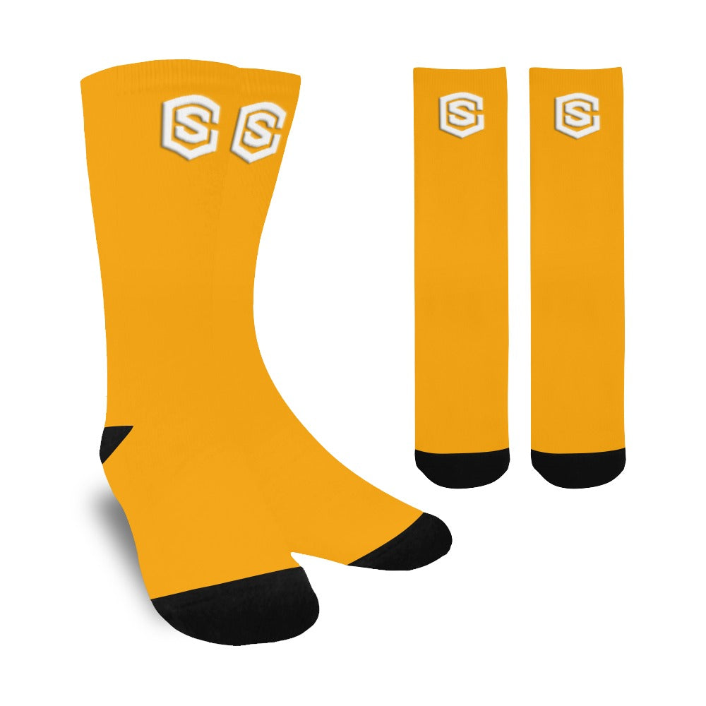 Orange Sublimated Crew Socks (Made In USA) with White Logo Sublimated Crew Socks (Made In USA)