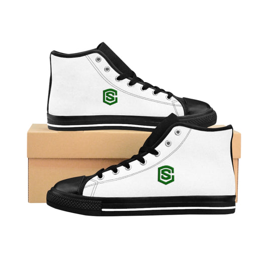 white Men's High-top Sneakers - green logo
