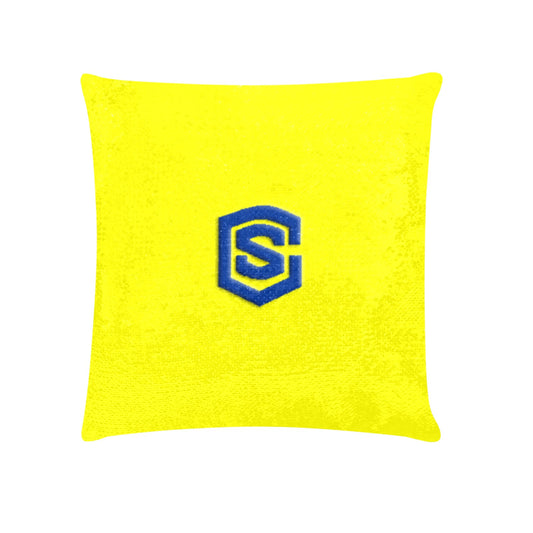 Yellow Custom Sequin Pillow with Blue Logo Custom Sequin Pillow Case 18"x18"