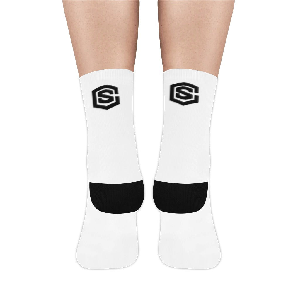 White Sublimated Crew Socks (Made In USA) with Black Logo Sublimated Crew Socks (Made In USA)