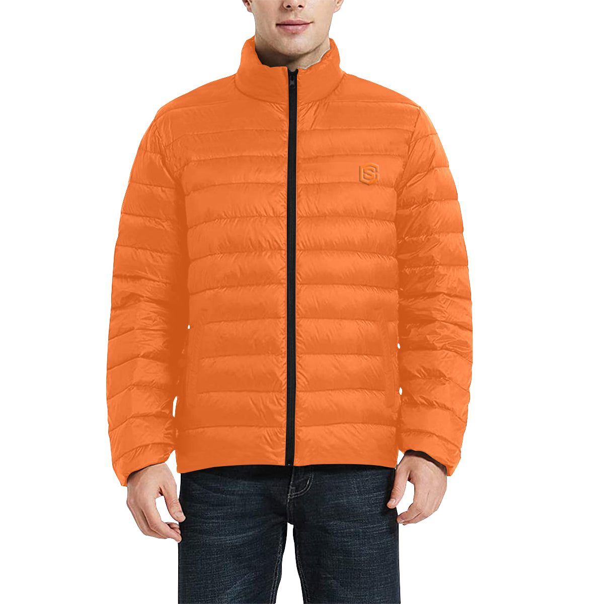 Orange Logo Men's Stand Collar Padded Jacket (Model H41)