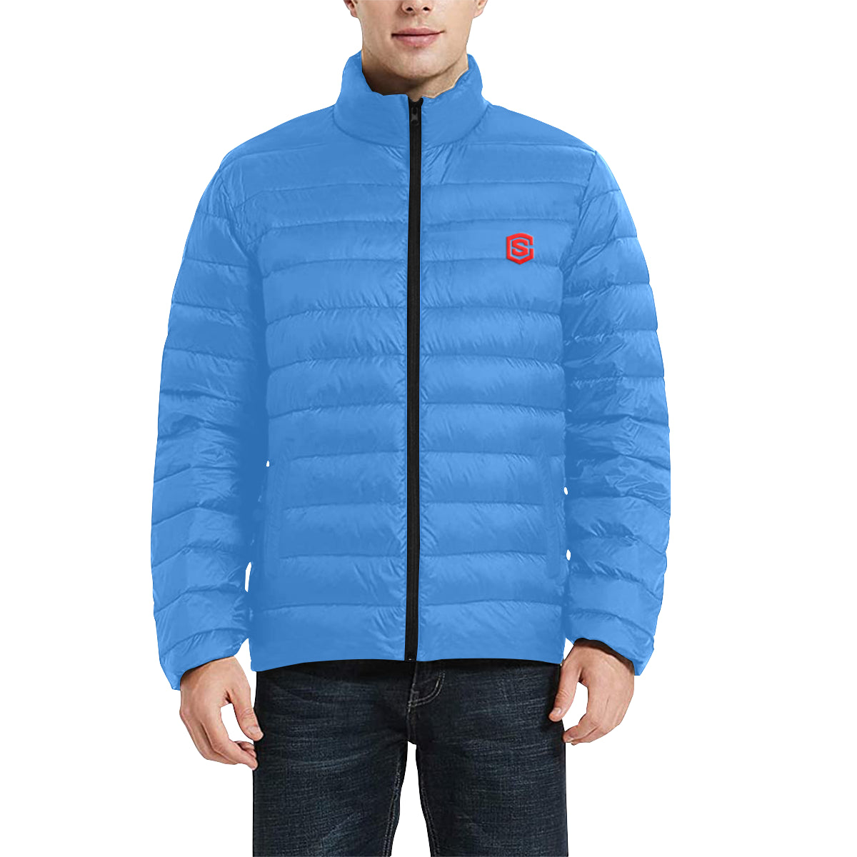 BLUE MEN'S STAND COLLAR PADDED JACKET Red Logo Men's Stand Collar Padded Jacket (Model H41)
