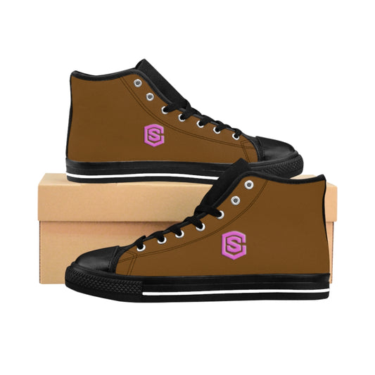 brown Men's High-top Sneakers - pink logo