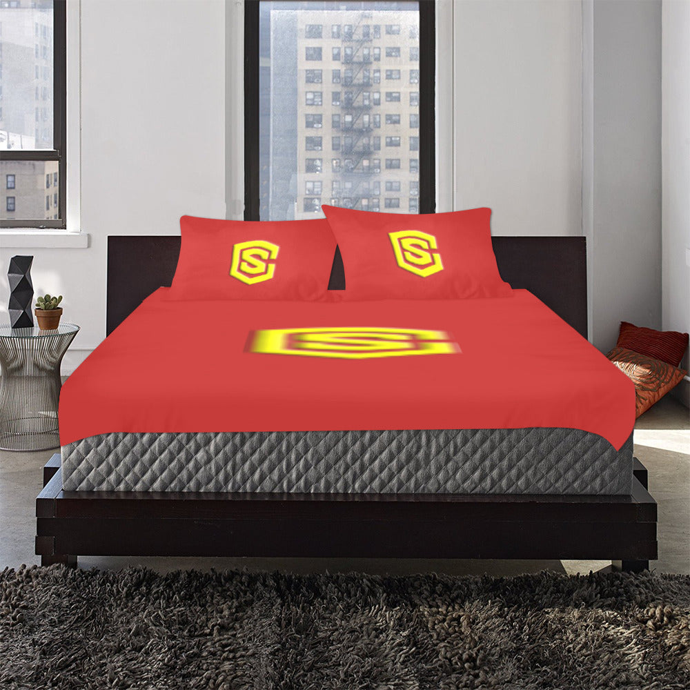 Red Duvet Cover Yellow Logo 3-Piece Bedding Set (1 Duvet Cover 86"x70"; 2 Pillowcases 20"x30")(One Side)