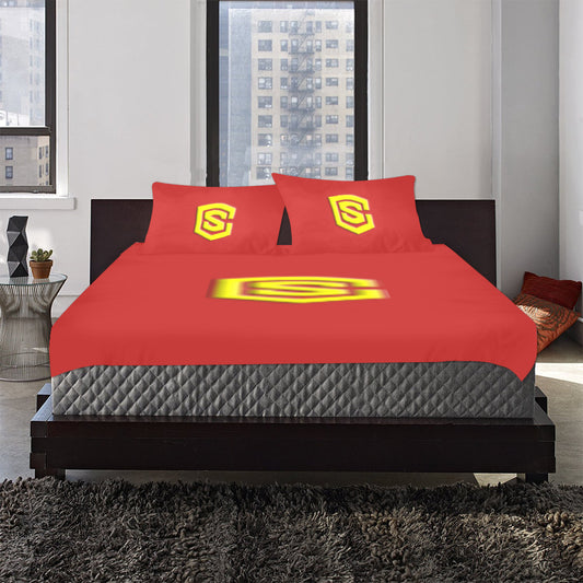 Red Duvet Cover Yellow Logo 3-Piece Bedding Set (1 Duvet Cover 86"x70"; 2 Pillowcases 20"x30")(One Side)