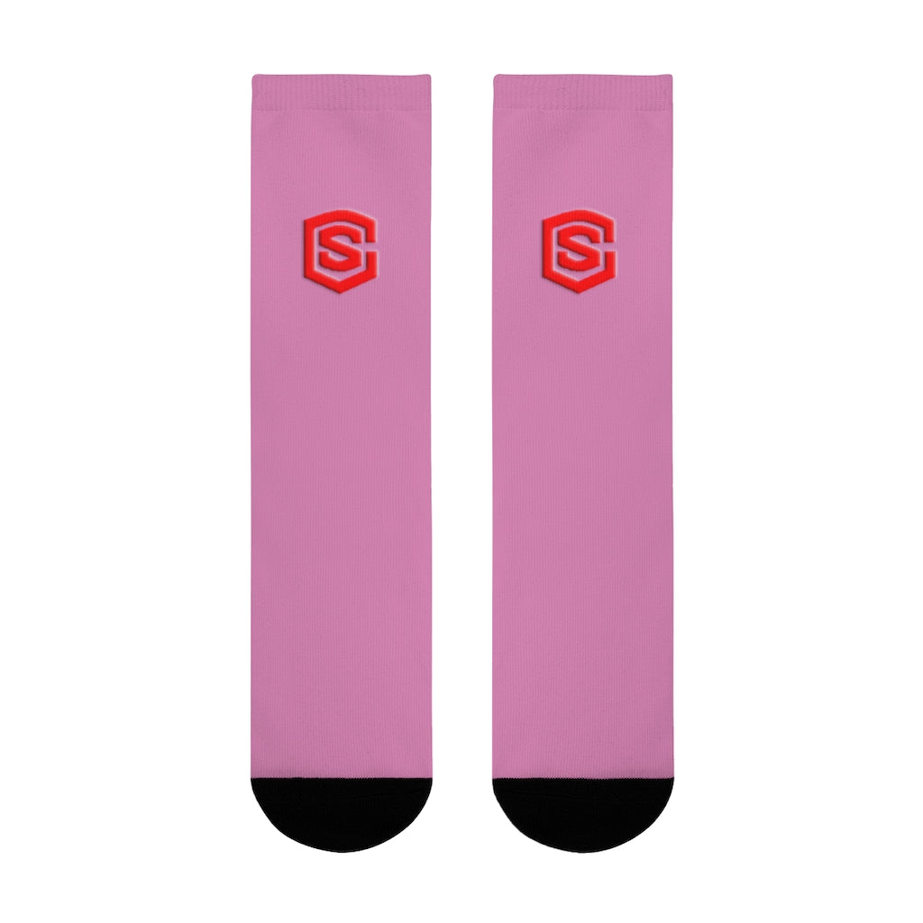 Pink Sublimation Crew Socks (EU) Red Logo