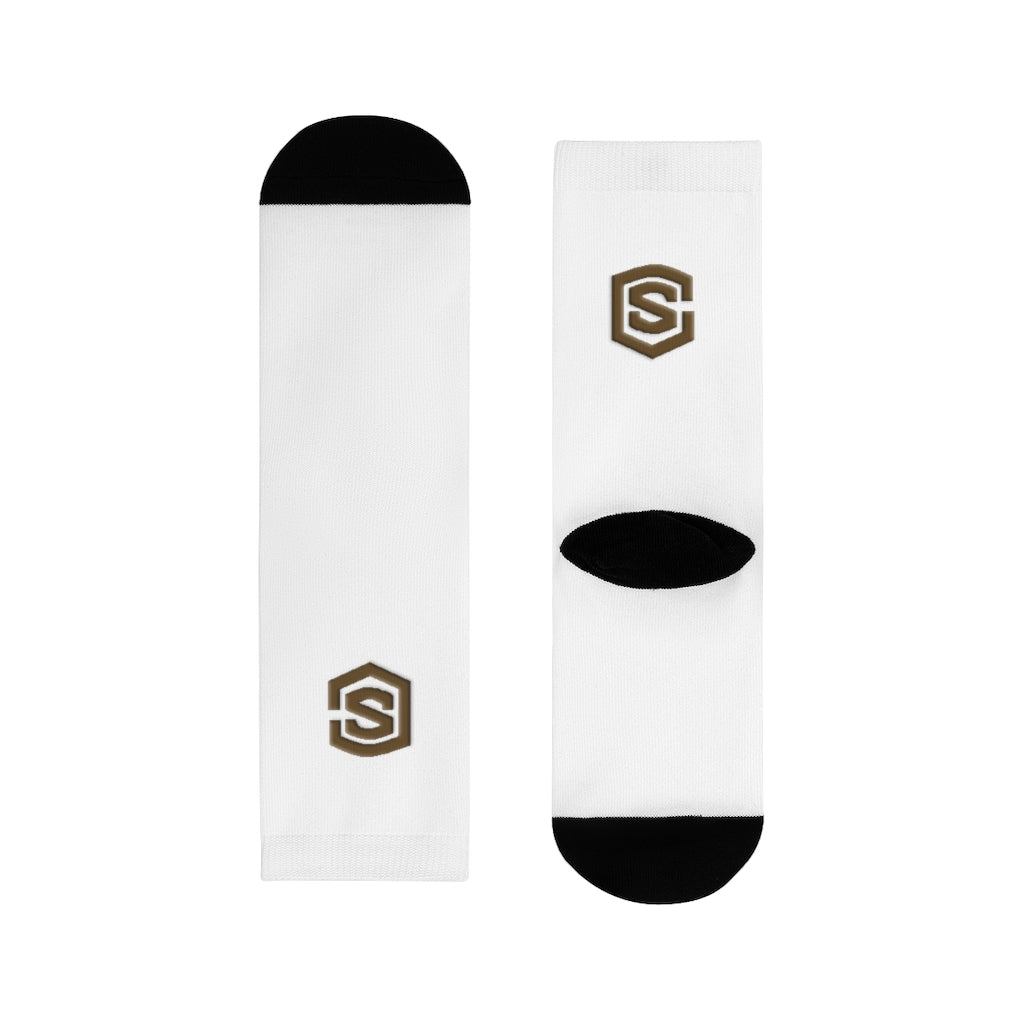 White Sublimation Crew Socks (EU) Brown Logo