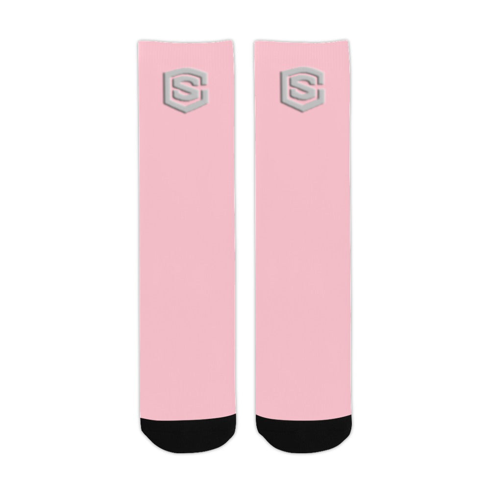 Pink Sublimated Crew Socks (Made In USA) with Silver Logo Sublimated Crew Socks (Made In USA)