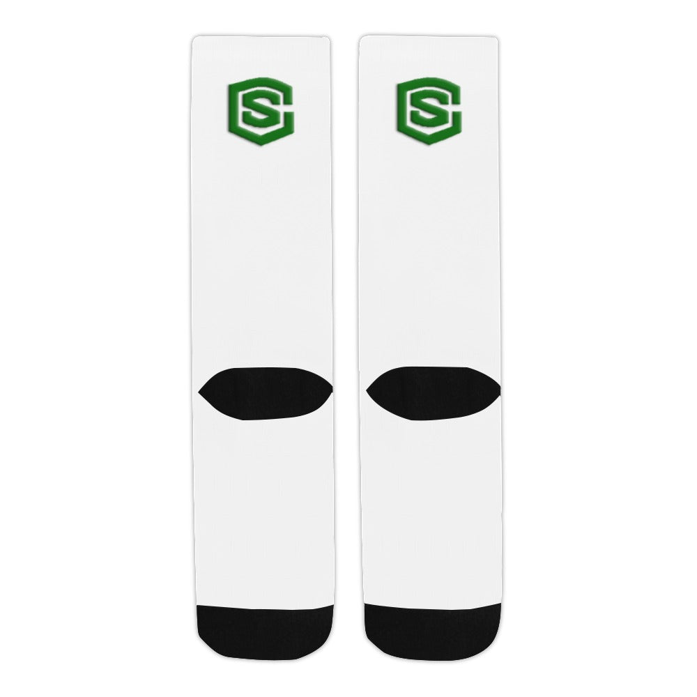 White Sublimated Crew Socks (Made In USA) with Green Logo Sublimated Crew Socks (Made In USA)