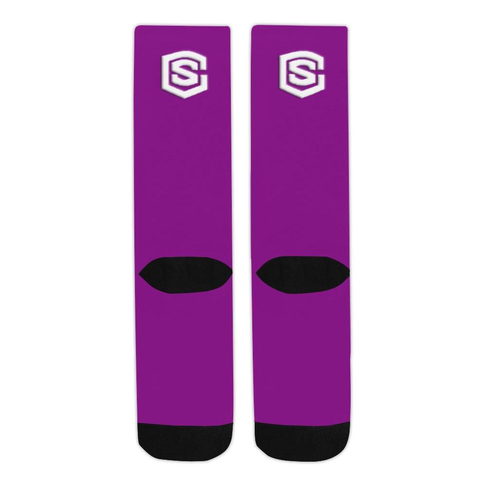 Purple Sublimated Crew Socks (Made In USA) with White Logo Sublimated Crew Socks (Made In USA)