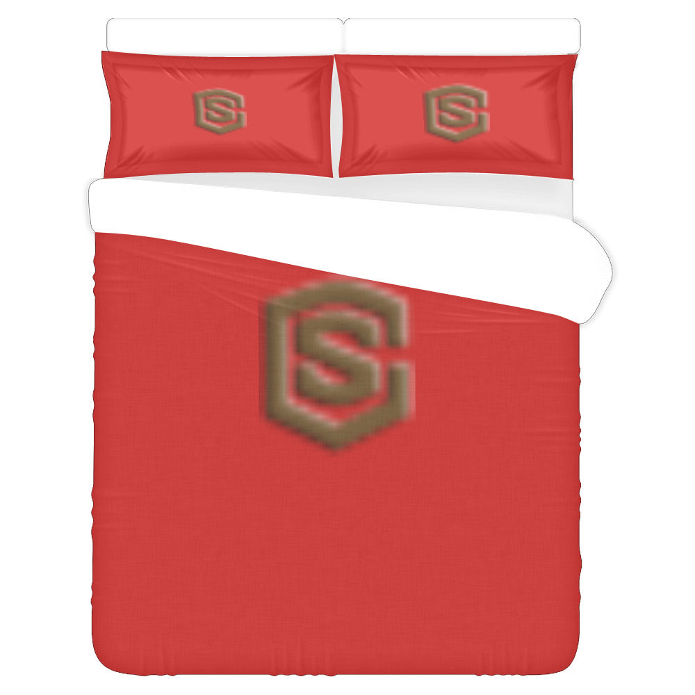 Red Duvet Cover Brown Logo 3-Piece Bedding Set (1 Duvet Cover 86"x70"; 2 Pillowcases 20"x30")(One Side)