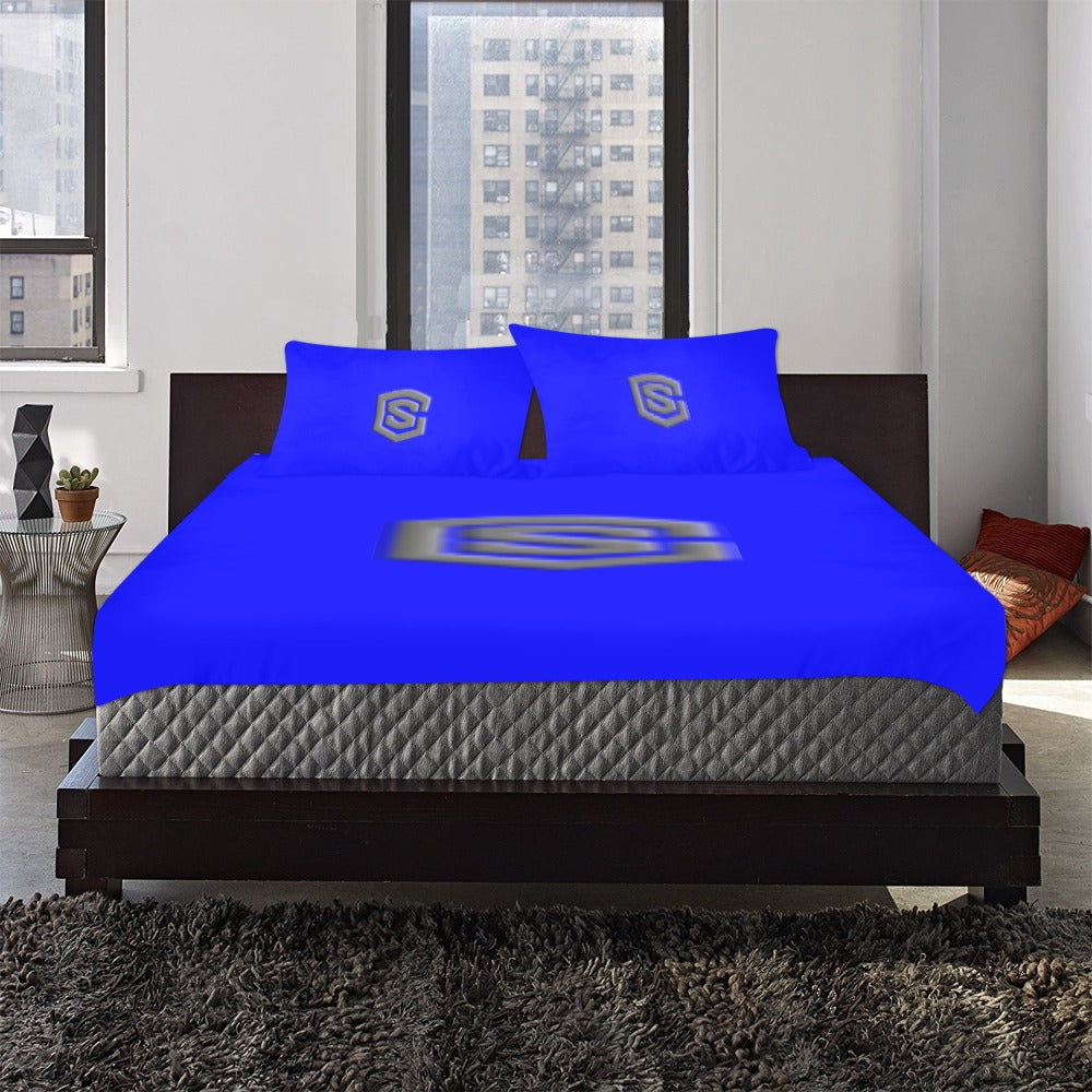 Blue 3-Piece Bedding Set (1 Duvet Cover 86"x70"; 2 Pillowcases 20"x30")(One Side) wtih Gray Logo 3-Piece Bedding Set (1 Duvet Cover 86"x70"; 2 Pillowcases 20"x30")(One Side)