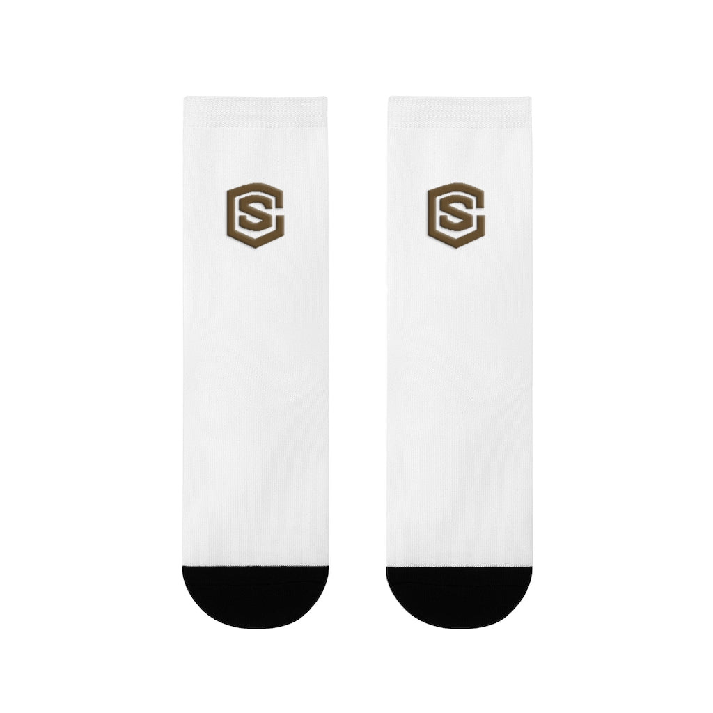 White Sublimation Crew Socks (EU) Brown Logo