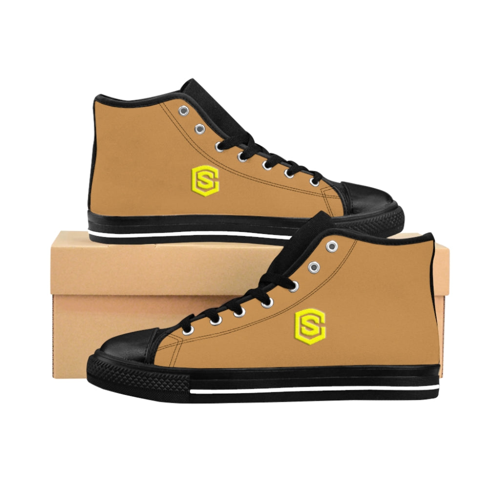 Brown Men's High-top Sneakers - yellow logo