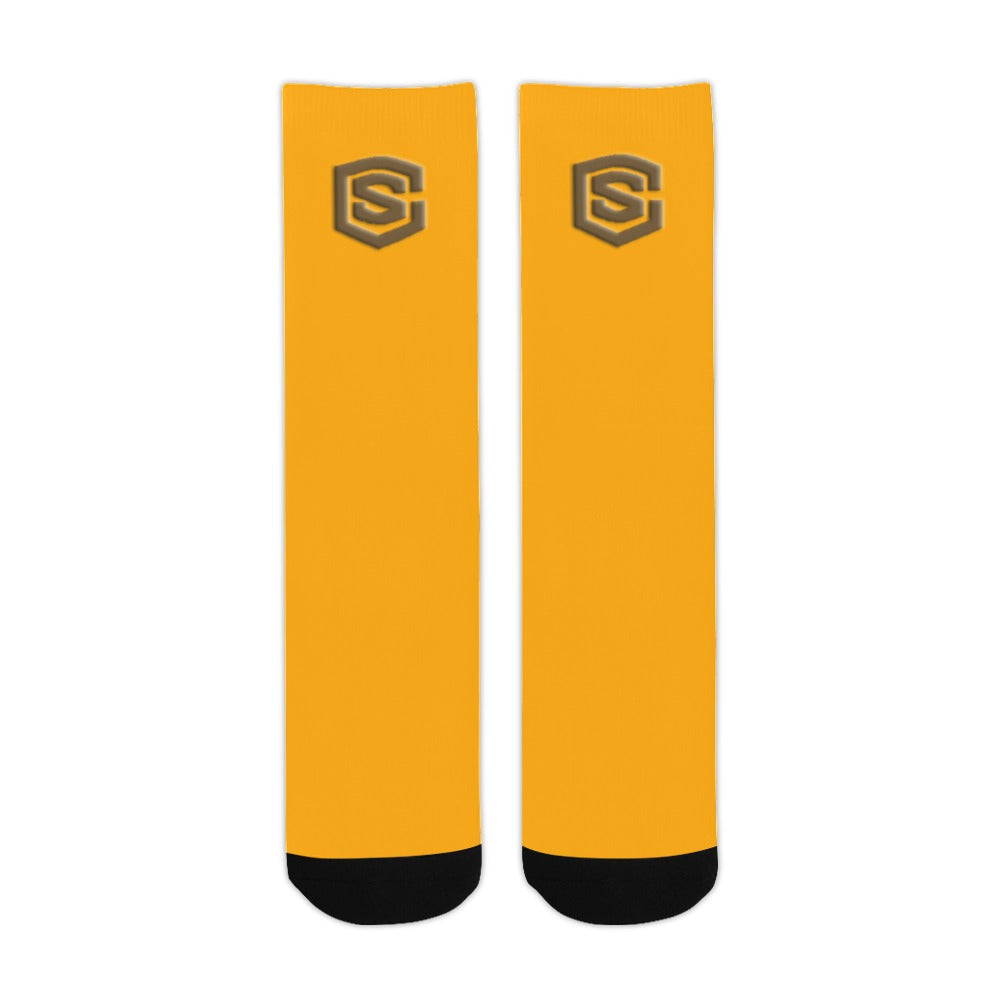 Orange Sublimated Crew Socks (Made In USA) with Brown Logo Sublimated Crew Socks (Made In USA)