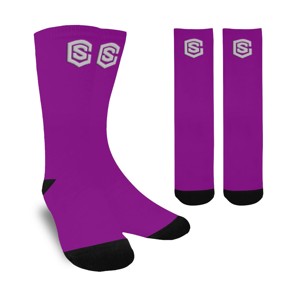 Purple Sublimated Crew Socks (Made In USA) with Silver Logo Sublimated Crew Socks (Made In USA)