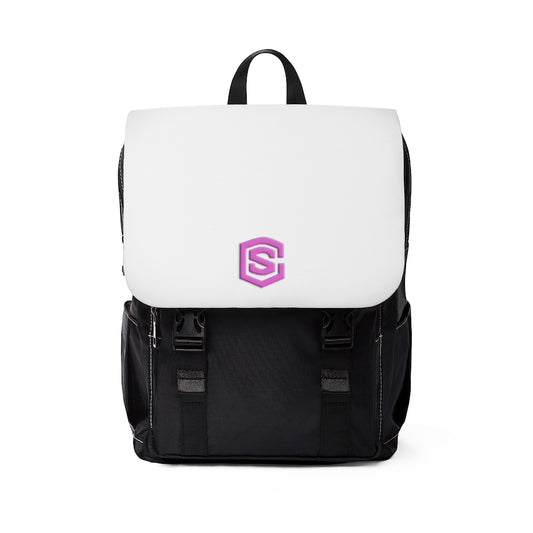 White Unisex Casual Shoulder Backpack Pink logo