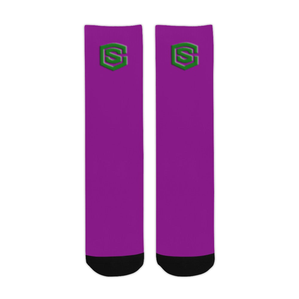Purple Sublimated Crew Socks (Made In USA) with Green Logo Sublimated Crew Socks (Made In USA)