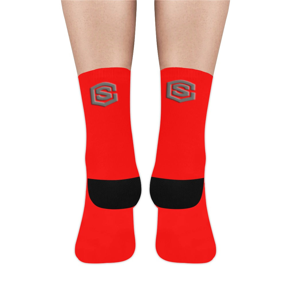 Red Sublimated Crew Socks (Made In USA) with Gray Logo Sublimated Crew Socks (Made In USA)