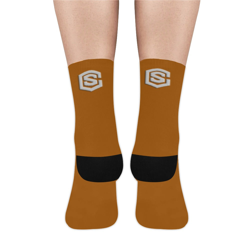 Brown Sublimated Crew Socks (Made In USA) with Silver Logo Sublimated Crew Socks (Made In USA)