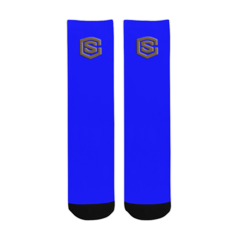 Blue Sublimated Crew Socks (Made In USA) with Brown Logo Sublimated Crew Socks (Made In USA)