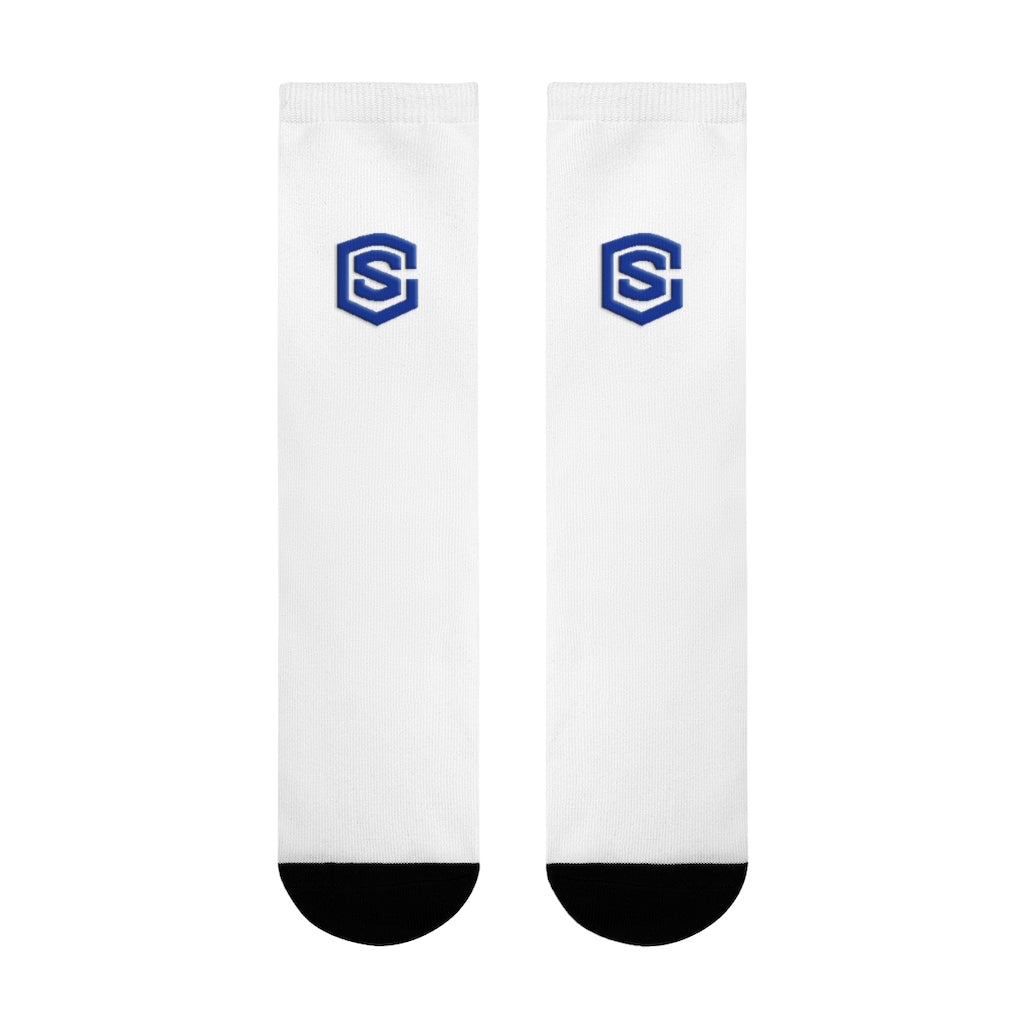 white Sublimation Crew Socks (EU) Blue Logo