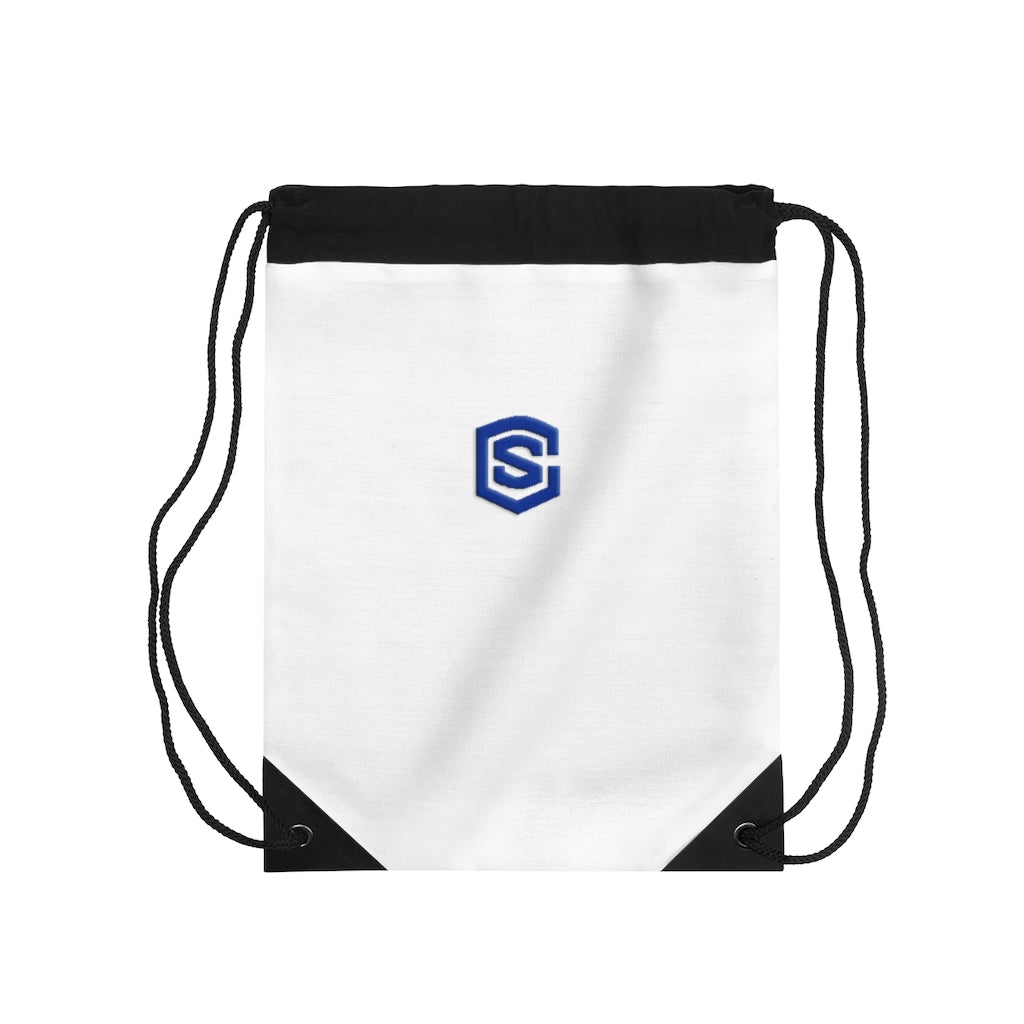 White Drawstring Bag Blue logo