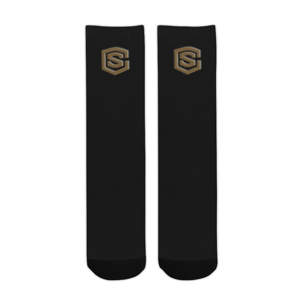 Black Sublimated Crew Socks (Made In USA) with Brown Logo Sublimated Crew Socks (Made In USA)