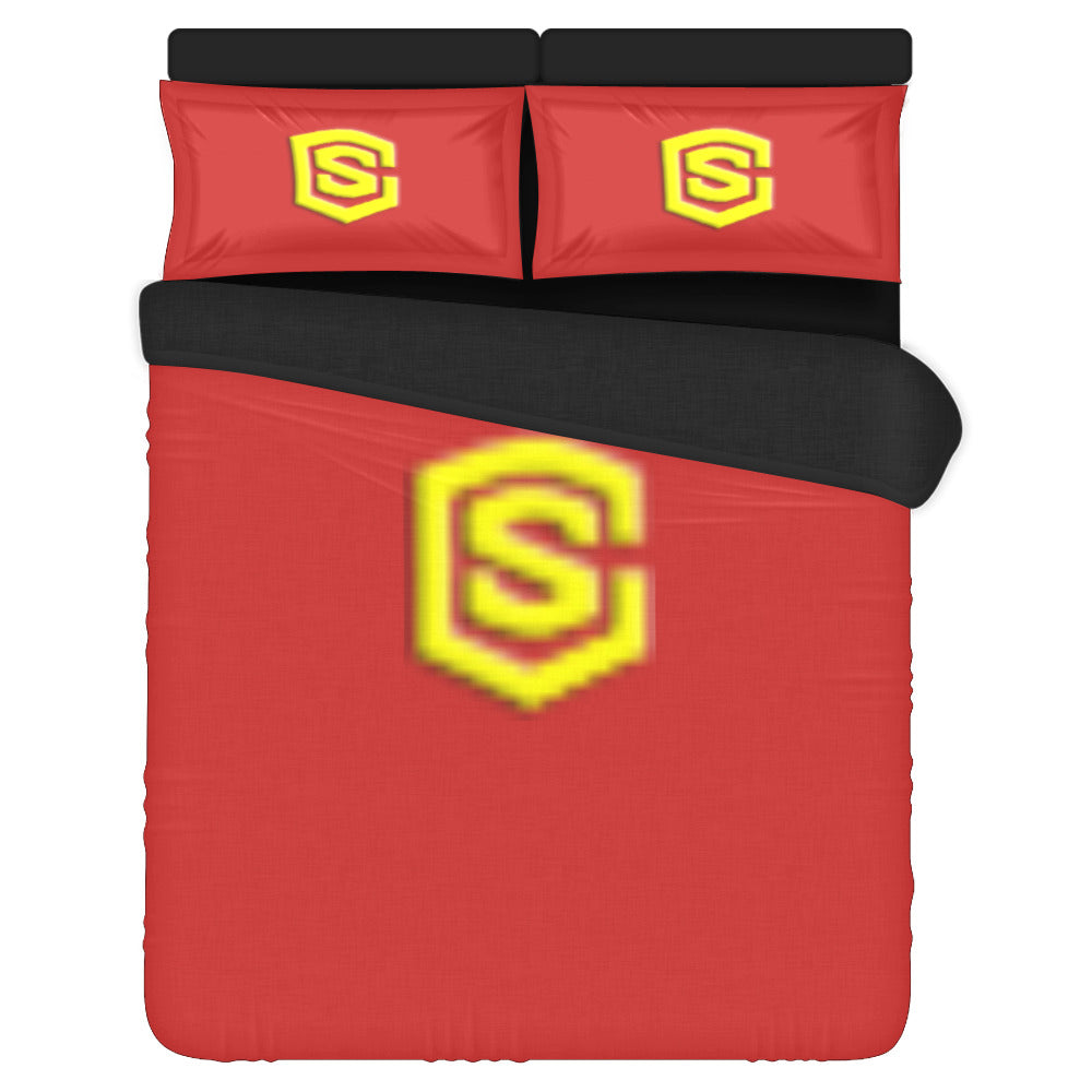 Red Duvet Cover Yellow Logo 3-Piece Bedding Set (1 Duvet Cover 86"x70"; 2 Pillowcases 20"x30")(One Side)