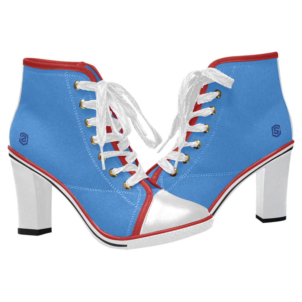 blue logo Women's Lace Up Chunky Heel Ankle Booties (Model 054)