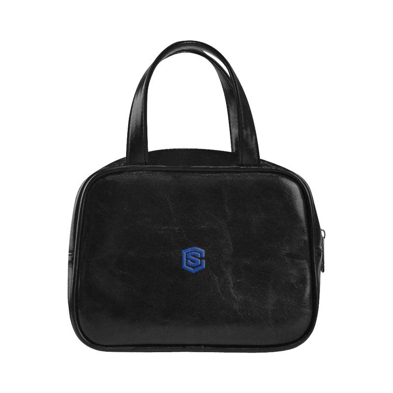 BLACK  LEATHER TOP HANDLE HANDBAG  blue logo Leather Top Handle Handbag (Model 1662)