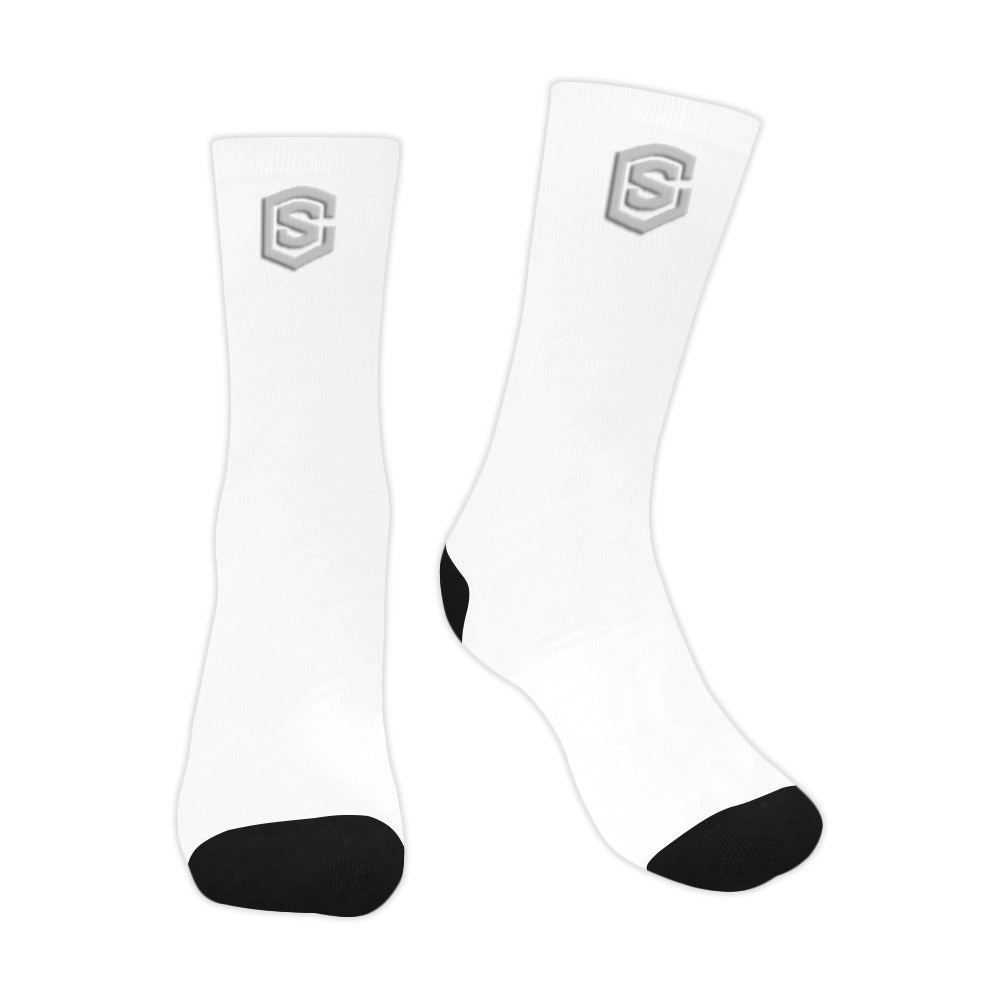 White Sublimated Crew Socks (Made In USA) with Silver Logo Sublimated Crew Socks (Made In USA)