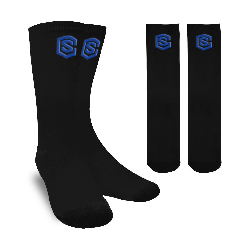 Black Sublimated Crew Socks (Made In USA) with Blue Logo Sublimated Crew Socks (Made In USA)
