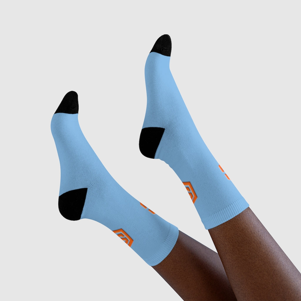 Blue Sublimation Crew Socks (EU) Orange Logo