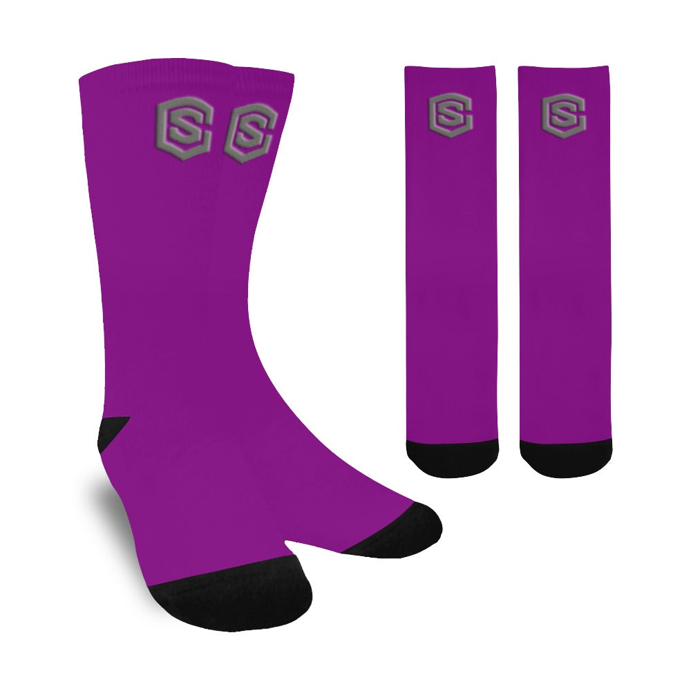 Purple Sublimated Crew Socks (Made In USA) with Gray Logo Sublimated Crew Socks (Made In USA)
