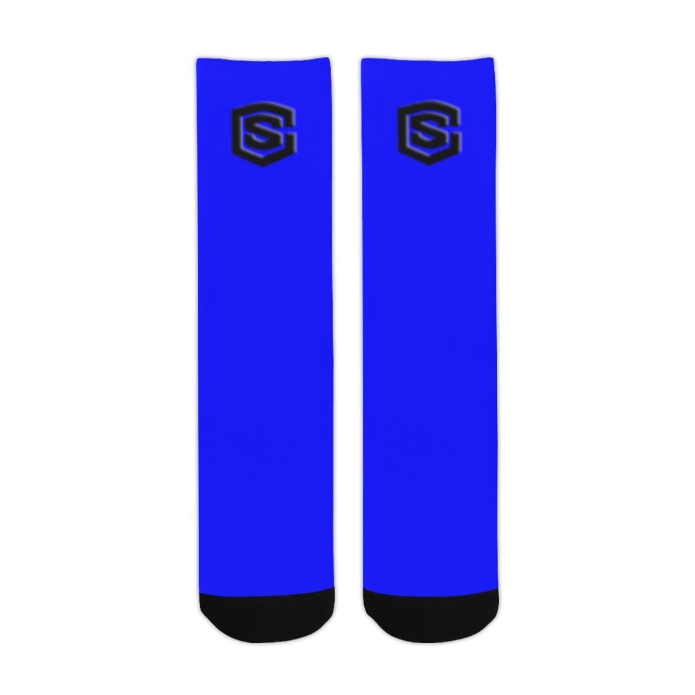 Blue Sublimated Crew Socks (Made In USA) with Black Logo Sublimated Crew Socks (Made In USA)