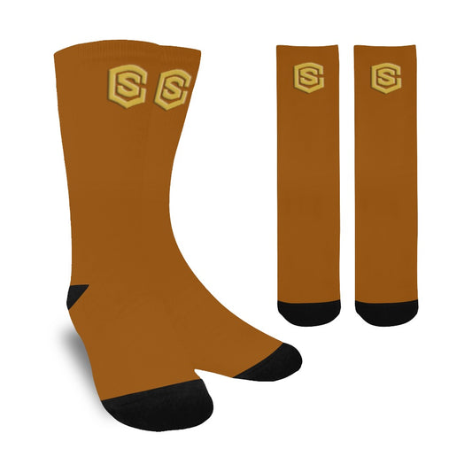 Brown Sublimated Crew Socks (Made In USA) with Gold Logo Sublimated Crew Socks (Made In USA)
