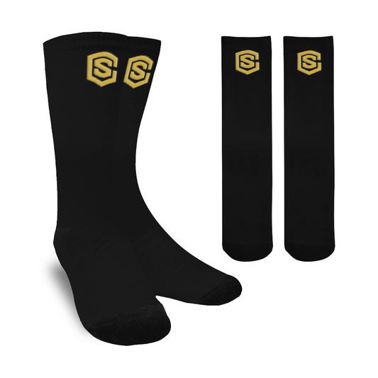 Black Sublimated Crew Socks (Made In USA) with Gold Logo Sublimated Crew Socks (Made In USA)