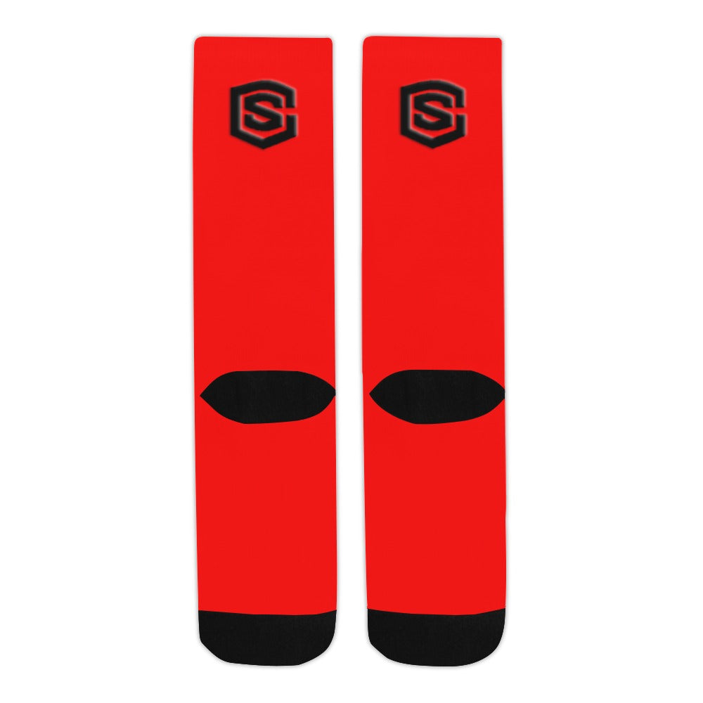 Red Sublimated Crew Socks (Made In USA) with Black Logo Sublimated Crew Socks (Made In USA)