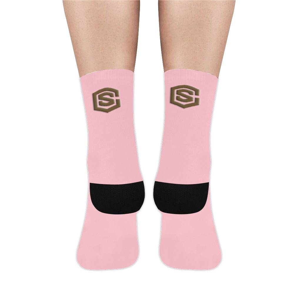 Pink Sublimated Crew Socks (Made In USA) with Brown Logo Sublimated Crew Socks (Made In USA)