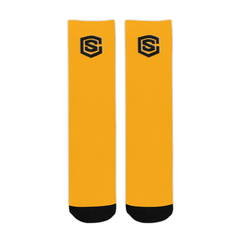 Orange Sublimated Crew Socks (Made In USA) with Black Logo Sublimated Crew Socks (Made In USA)