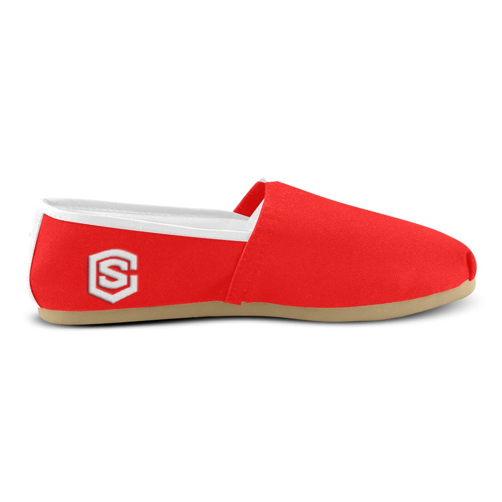 RED casual shoes for women WITH WHITE LOGO Casual Canvas Women's Shoes (Model 004) (Designs are mirrored)