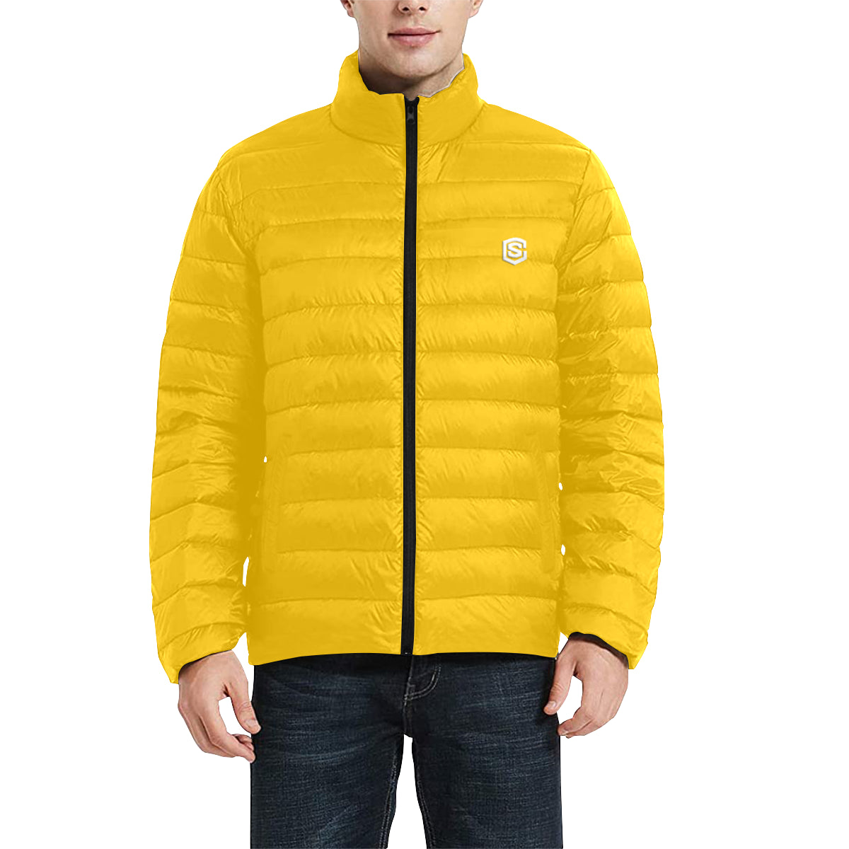 ORANGE MEN'S STAND COLLAR PADDED JACKET White Logo Men's Stand Collar Padded Jacket (Model H41)