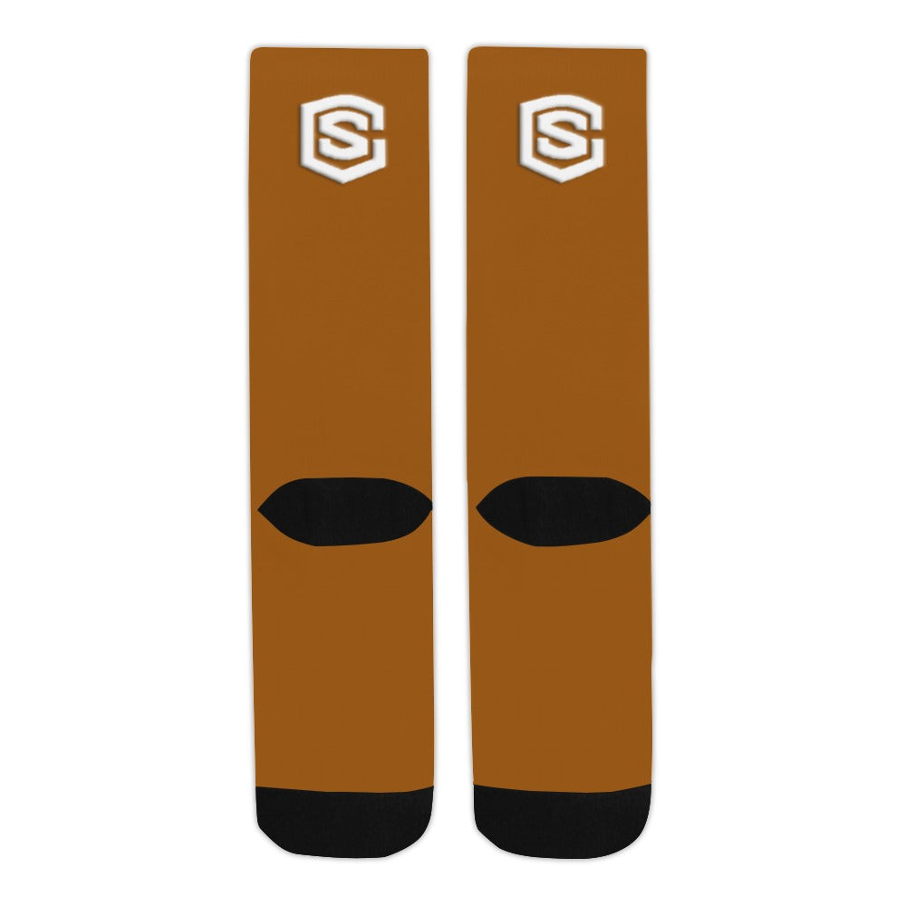 Brown Sublimated Crew Socks (Made In USA) with White Logo Sublimated Crew Socks (Made In USA)